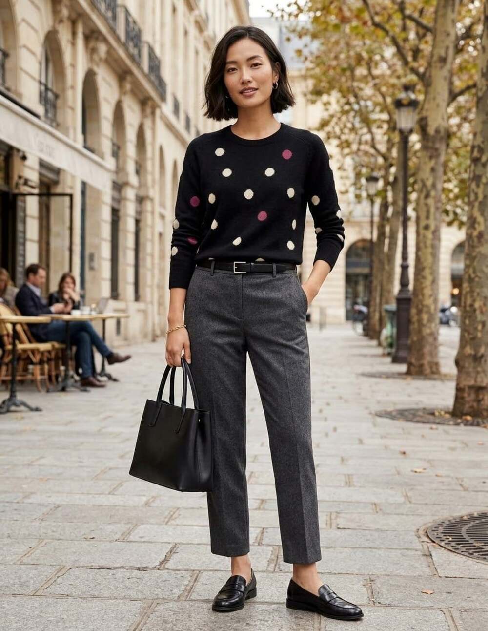 Halogen Cashmere Black Multi Polka Dot Crew Neck Sweater Size S